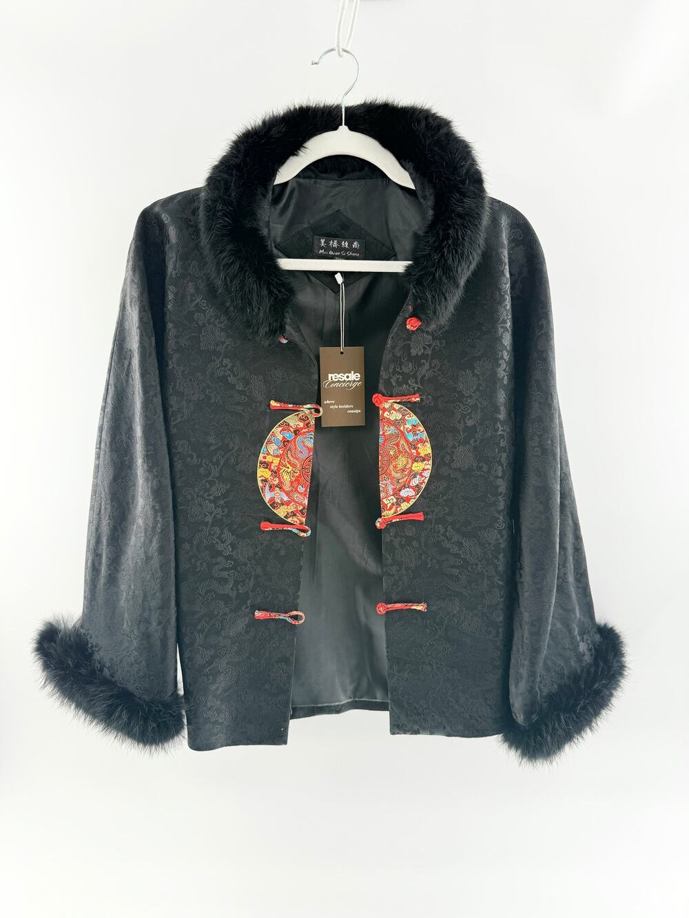 Mei Silk & Rabbit Trim Long Sleeve Chinese-Style Brocade Jacket Black Women's M